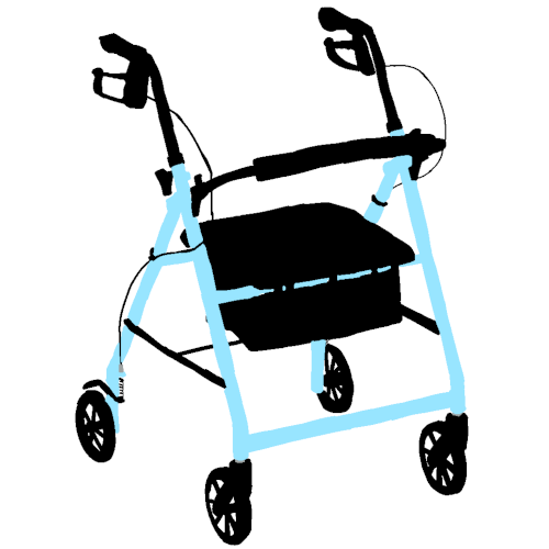 a light blue and black rollator. there is a white background and outline.